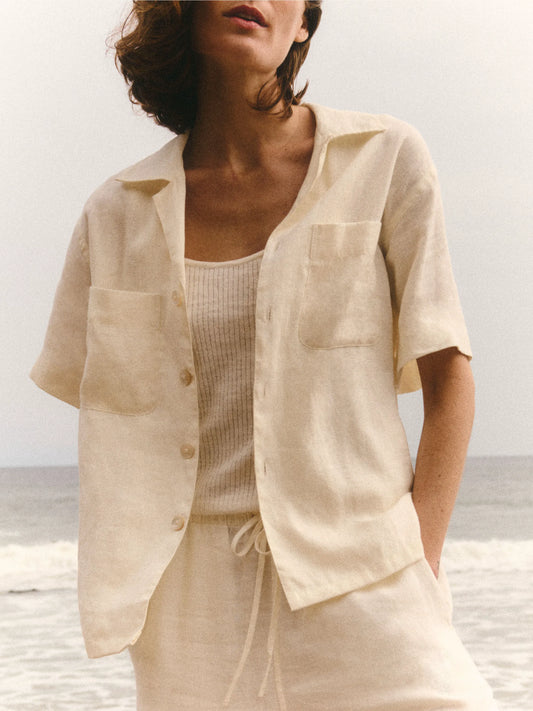 Sea Shell Crosshatch Linen Camp Shirt