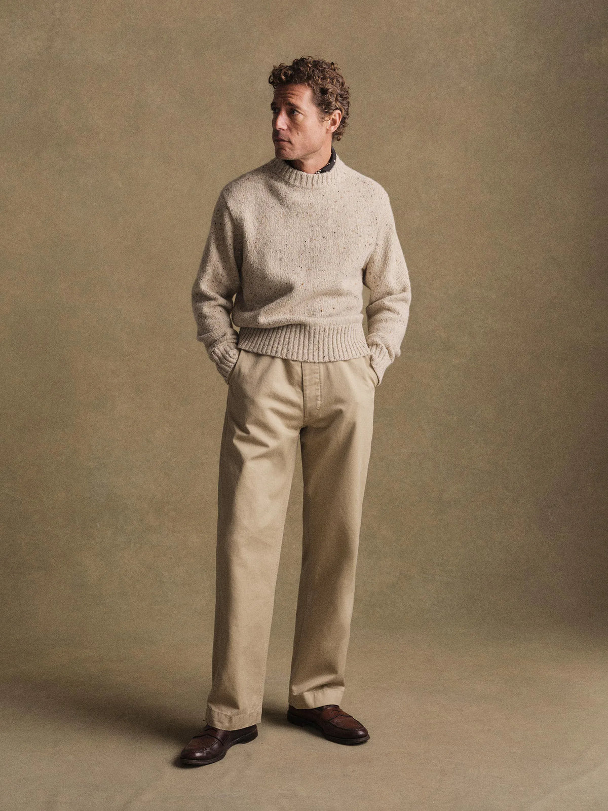 Heather Flax Seastack Wool Tweed Mock Turtleneck