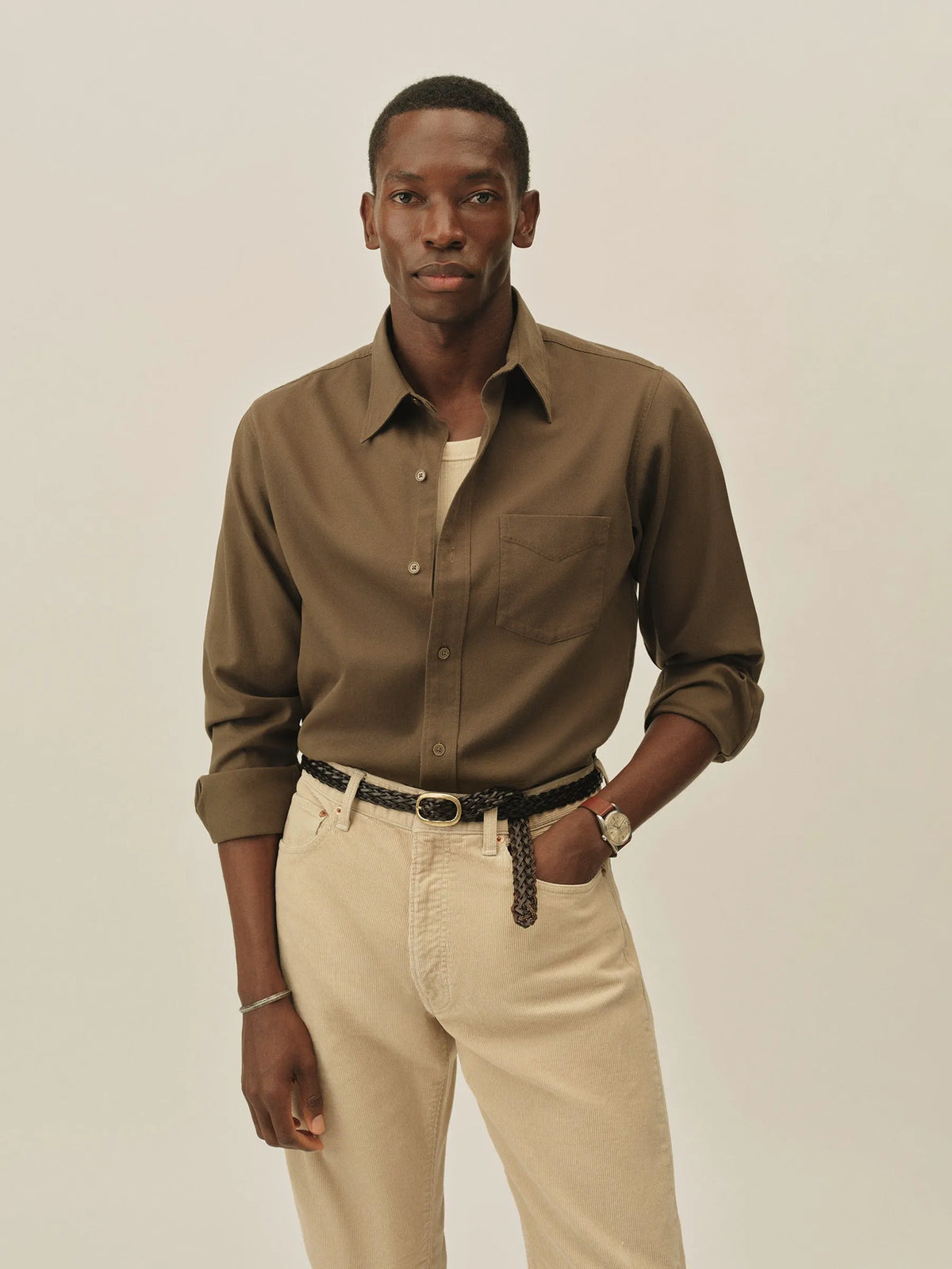 Deep Olive Draped Twill One Pocket Shirt