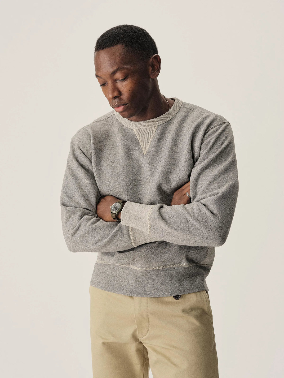 Two Tone Heather Grey Welterweight Double V Crew Sweatshirt
