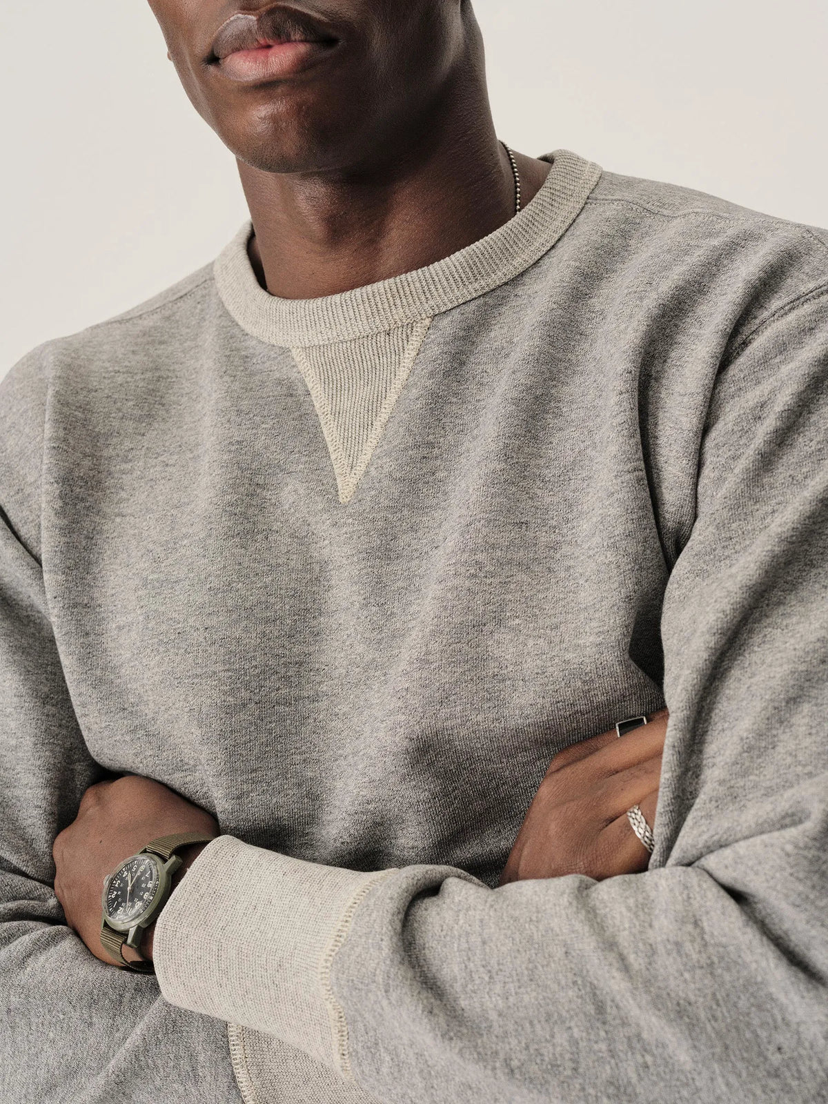 Two Tone Heather Grey Welterweight Double V Crew Sweatshirt