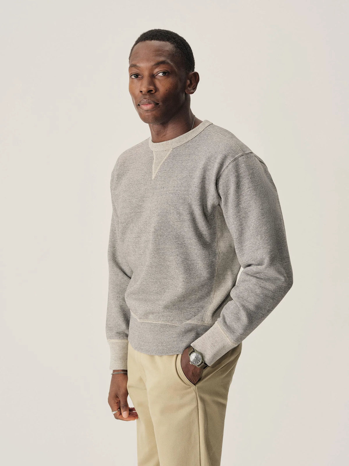 Two Tone Heather Grey Welterweight Double V Crew Sweatshirt