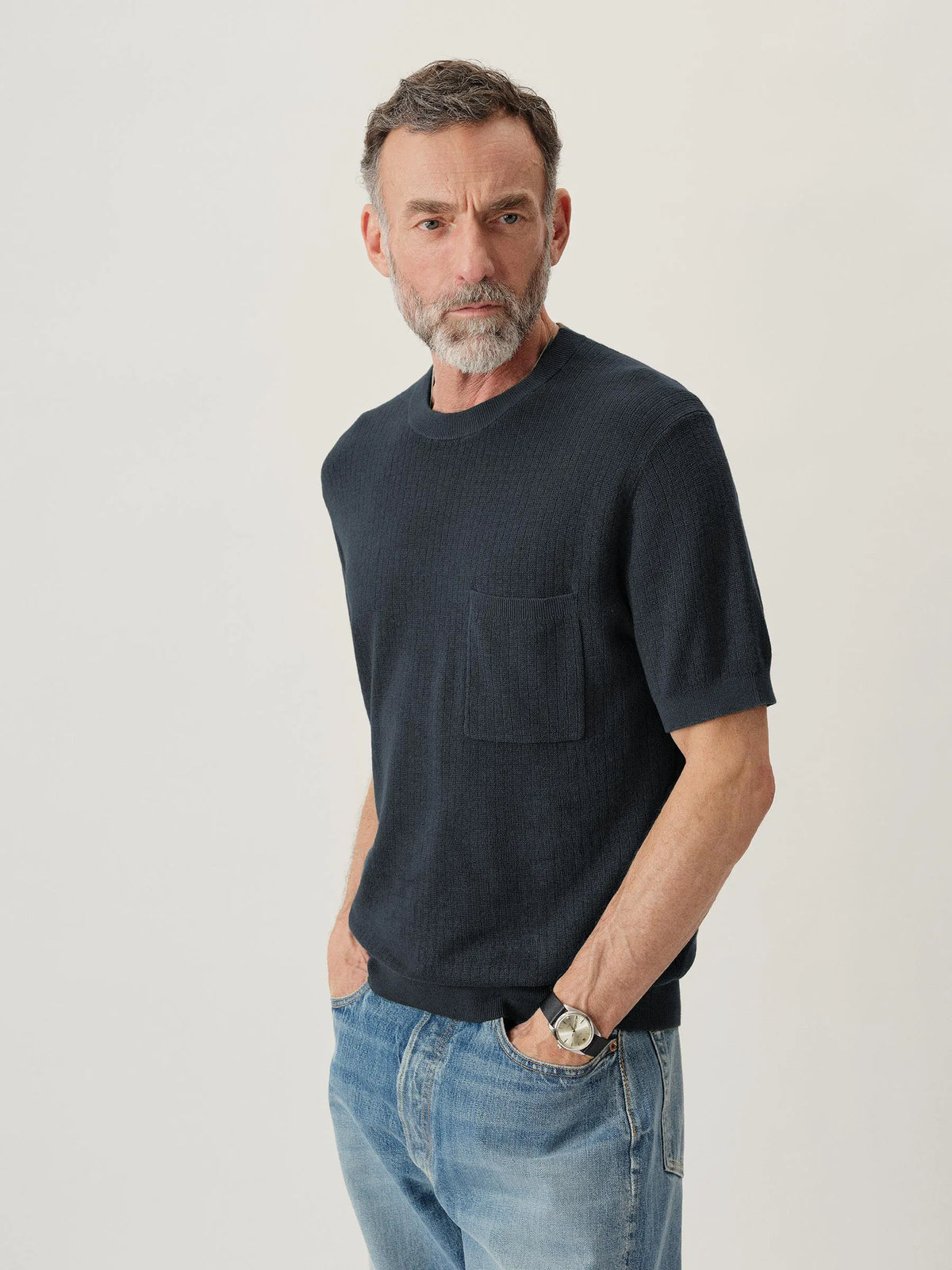 Washed Navy Yuma Hemp Rib Knit Pocket Tee
