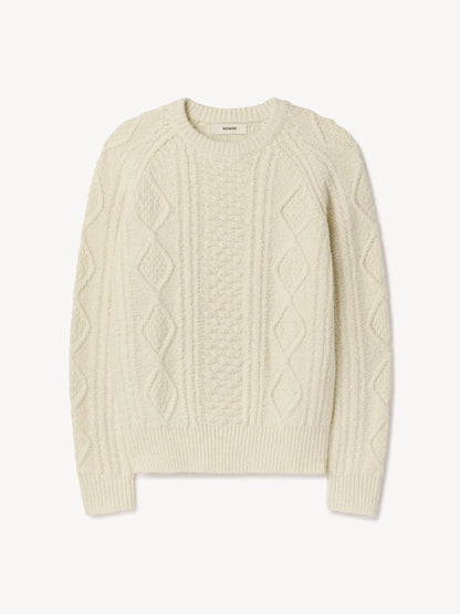 Ivory Seastack Wool Tweed Cable Crew