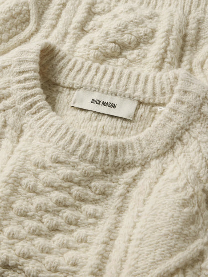 Ivory Seastack Wool Tweed Cable Crew
