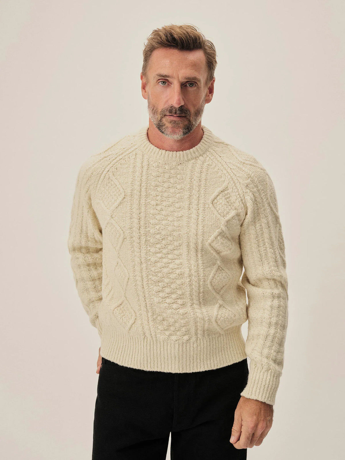 Ivory Seastack Wool Tweed Cable Crew