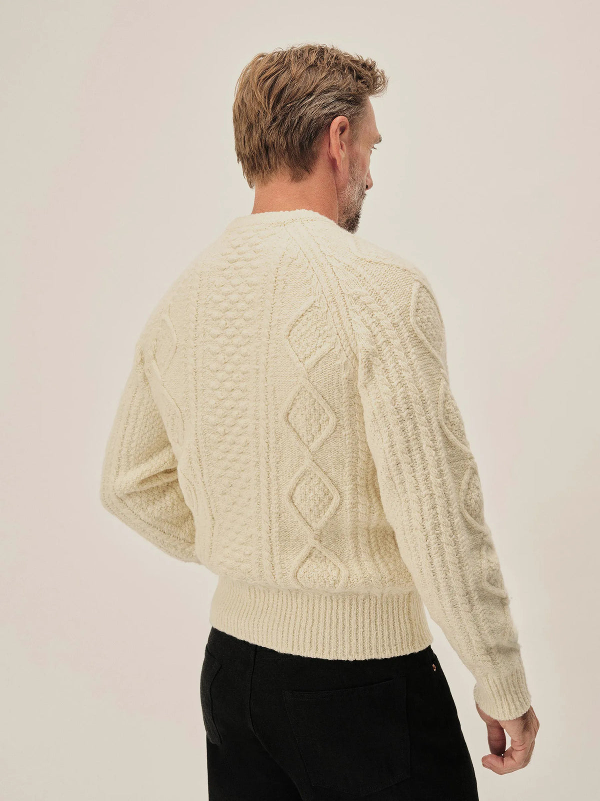 Ivory Seastack Wool Tweed Cable Crew