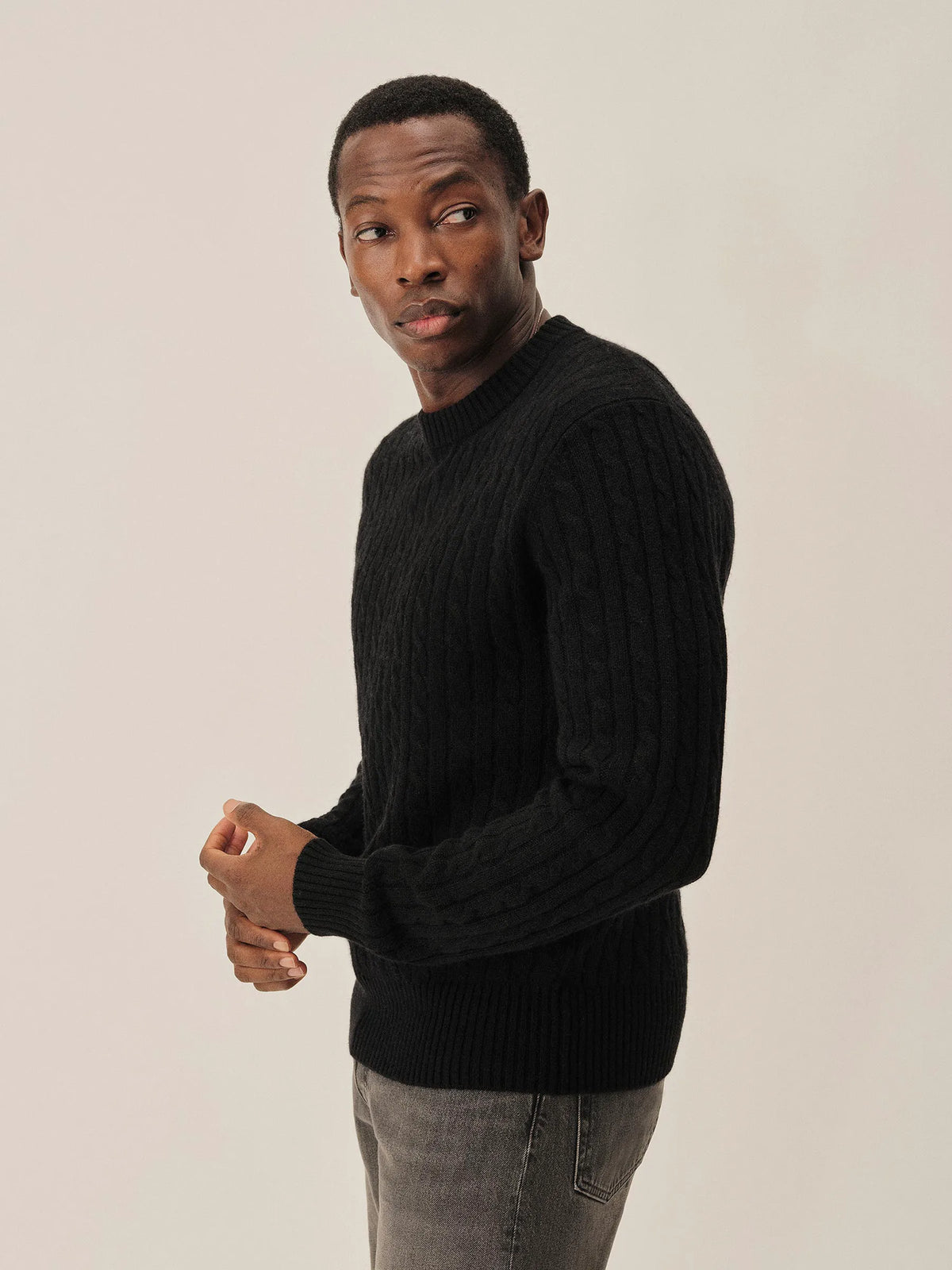 Black California Cashmere Cable Crew