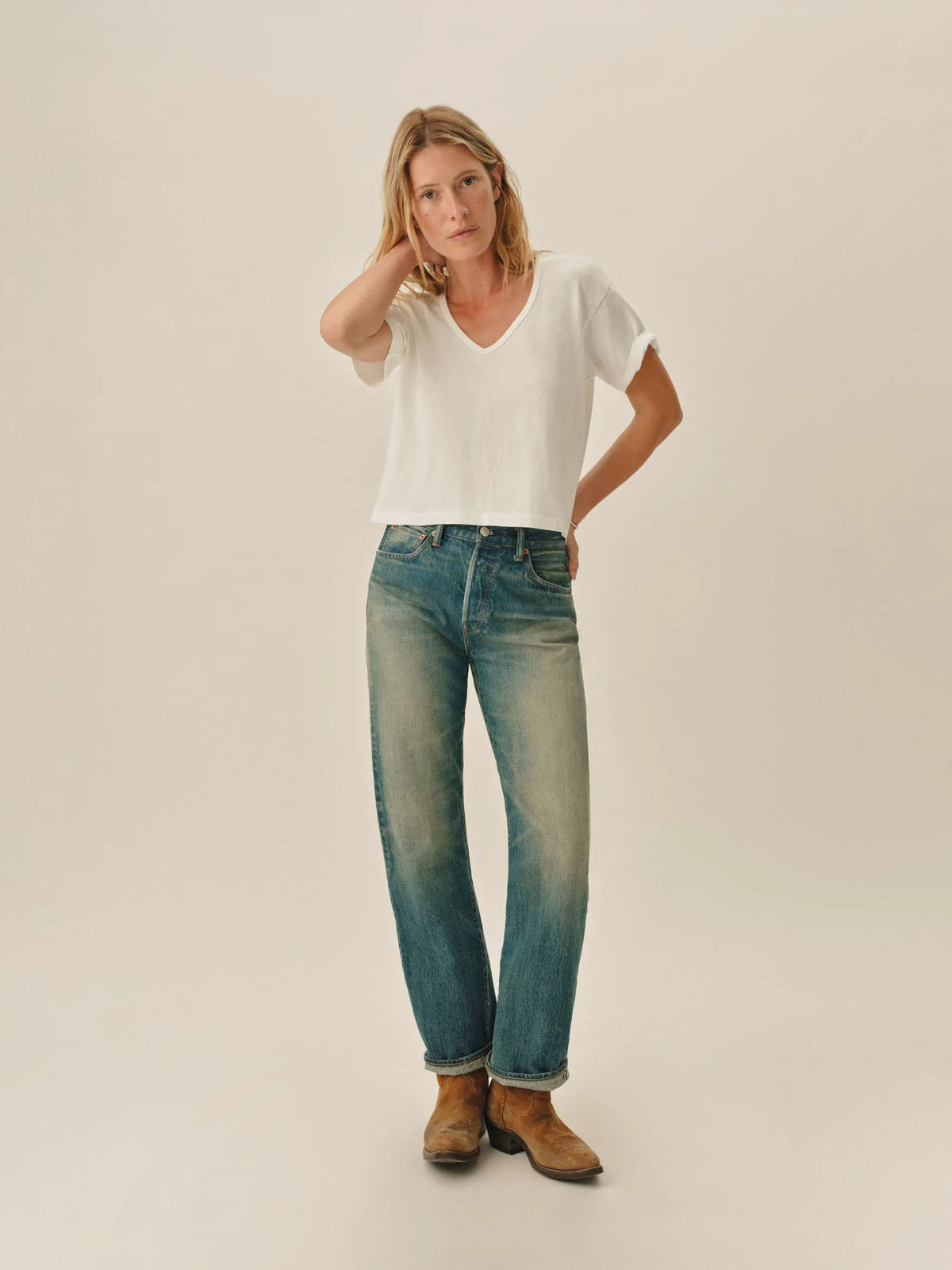 White Toughknit Boyfriend Crop V-Neck Tee