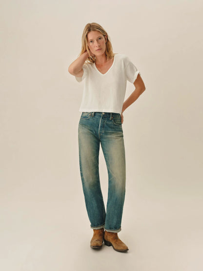 White Toughknit Boyfriend Crop V-Neck Tee
