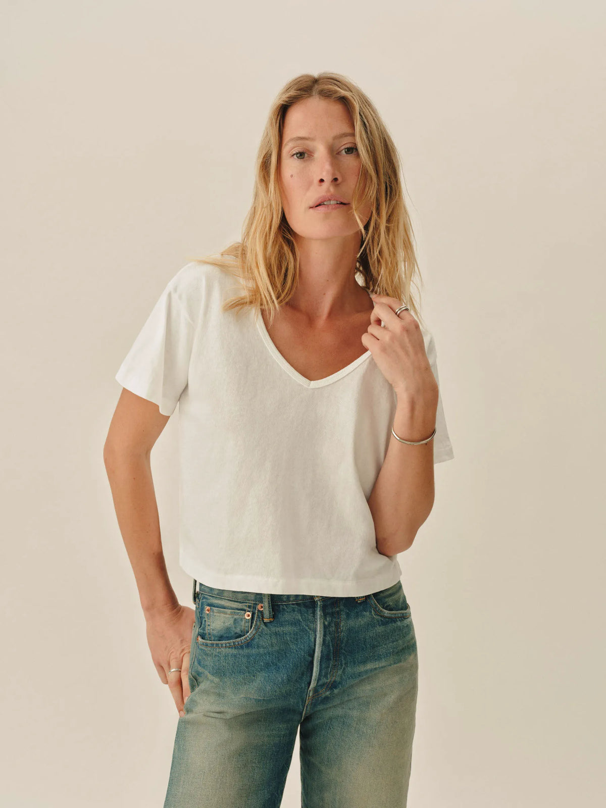 White Toughknit Boyfriend Crop V-Neck Tee