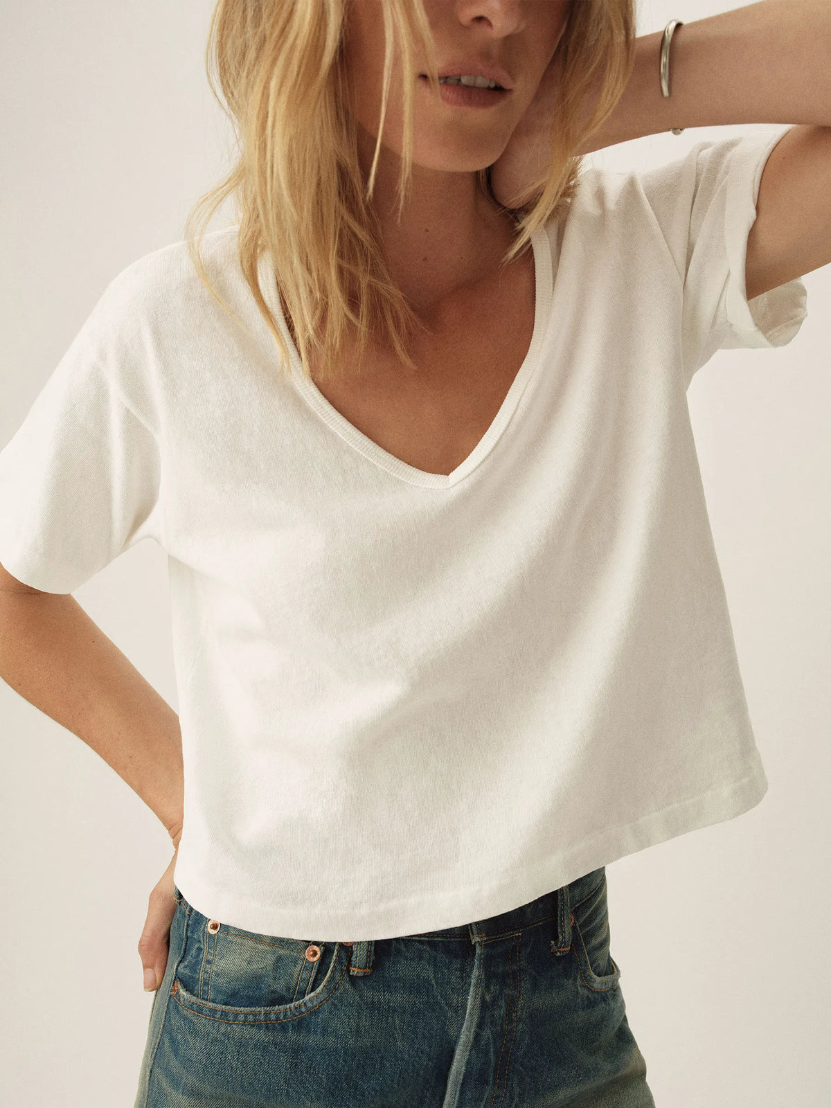 White Toughknit Boyfriend Crop V-Neck Tee