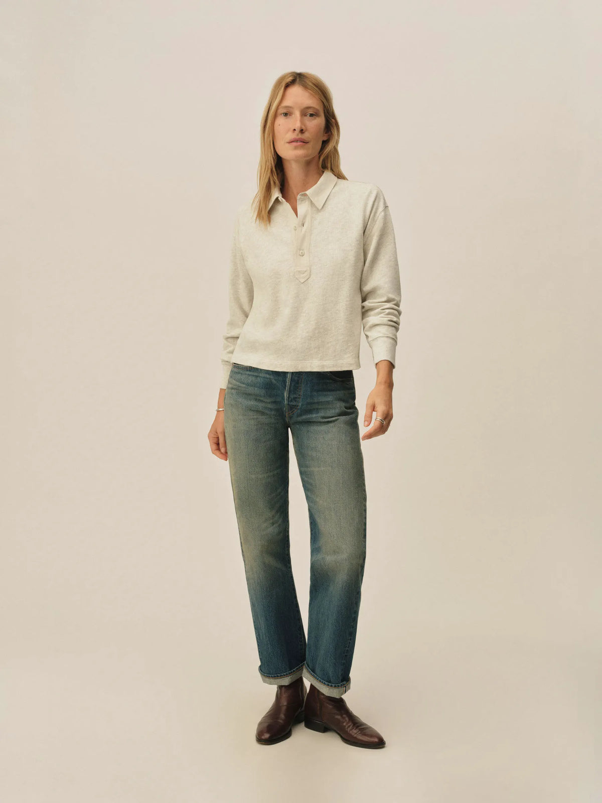 Heather Oat Field-Spec Boyfriend Crop Rugby Polo