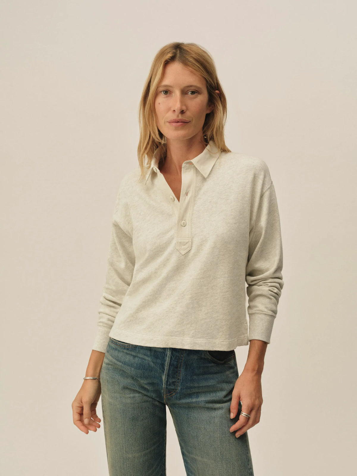 Heather Oat Field-Spec Boyfriend Crop Rugby Polo