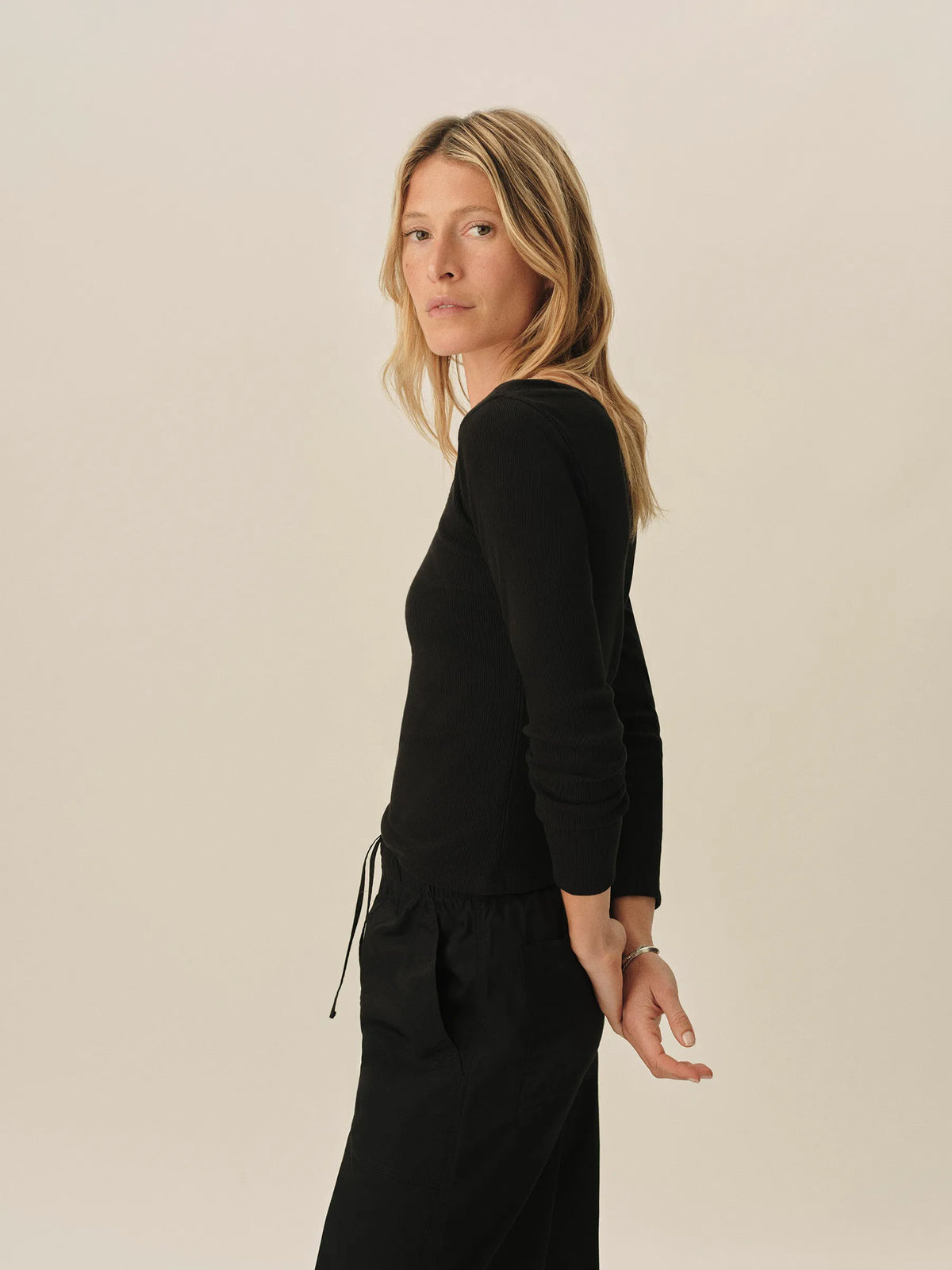 Black Surplus Rib Scoop Neck Long Sleeve