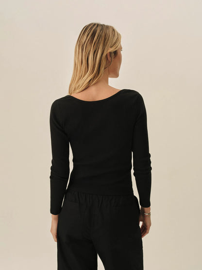 Black Surplus Rib Scoop Neck Long Sleeve