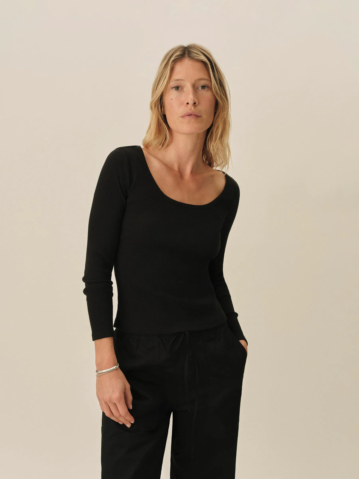 Black Surplus Rib Scoop Neck Long Sleeve