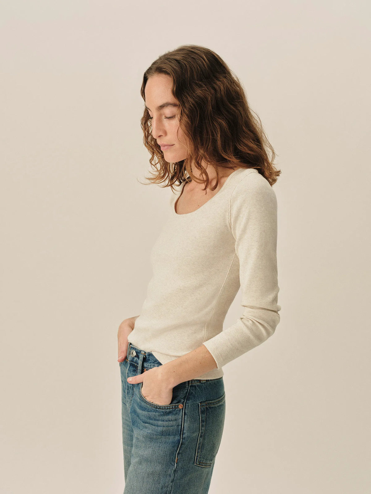 Oatmeal Heather Surplus Rib Scoop Neck Long Sleeve