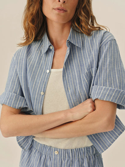 Harbor Stripe Mainstay Cotton Linen Cut-Off Short Sleeve Button Down