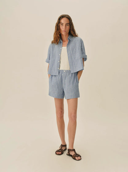 Harbor Stripe Mainstay Cotton Linen Cut-Off Short Sleeve Button Down