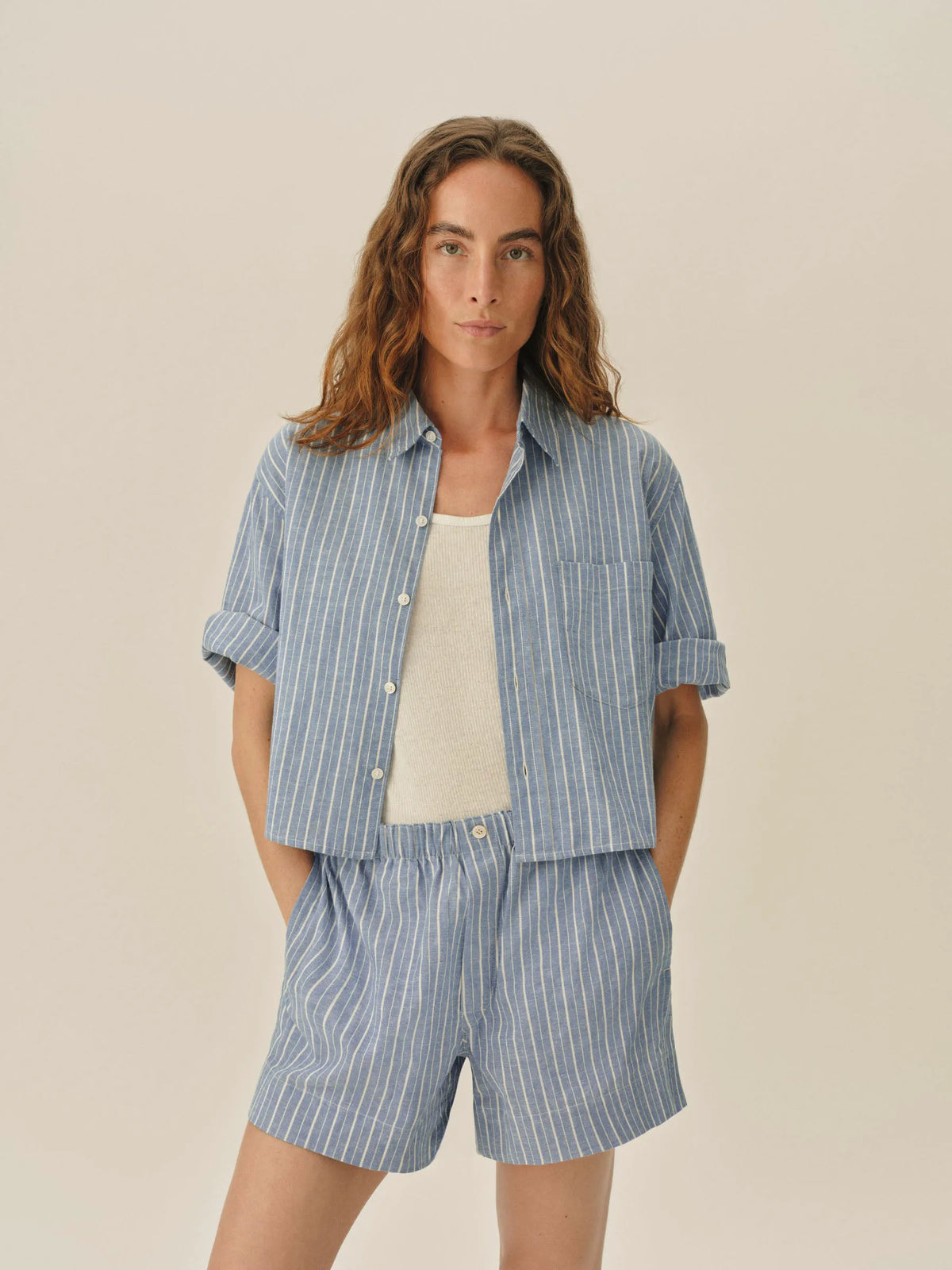 Harbor Stripe Mainstay Cotton Linen Cut-Off Short Sleeve Button Down