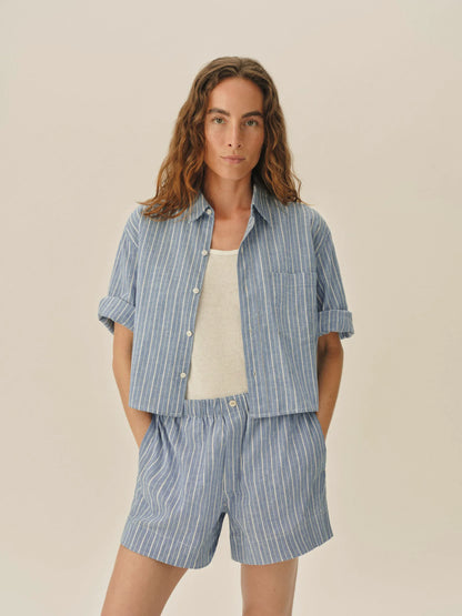 Harbor Stripe Mainstay Cotton Linen Cut-Off Short Sleeve Button Down