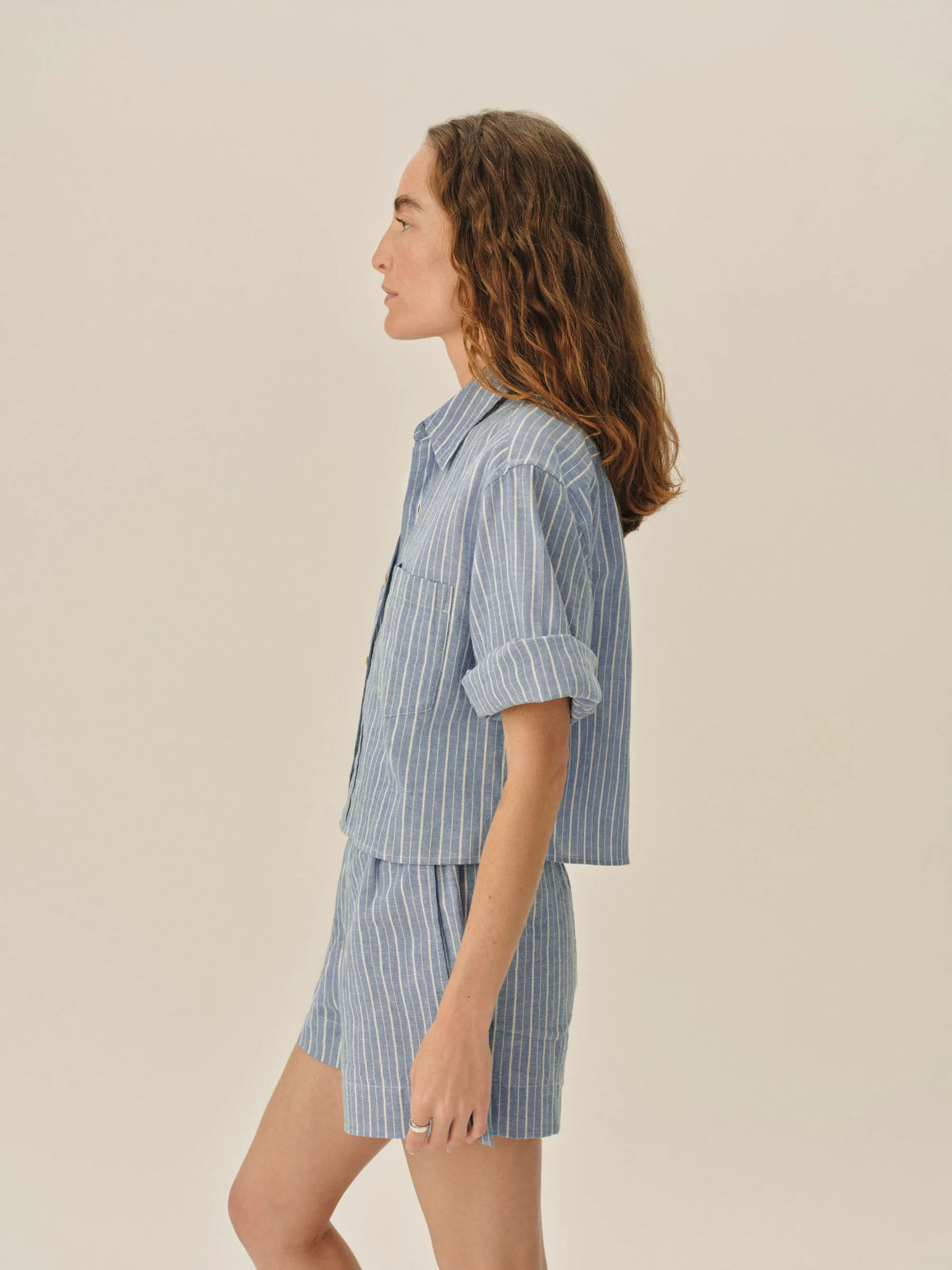 Harbor Stripe Mainstay Cotton Linen Cut-Off Short Sleeve Button Down