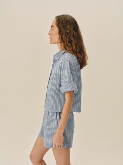 Harbor Stripe Mainstay Cotton Linen Cut-Off Short Sleeve Button Down