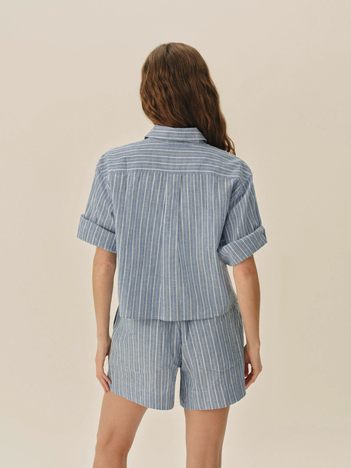 Harbor Stripe Mainstay Cotton Linen Cut-Off Short Sleeve Button Down