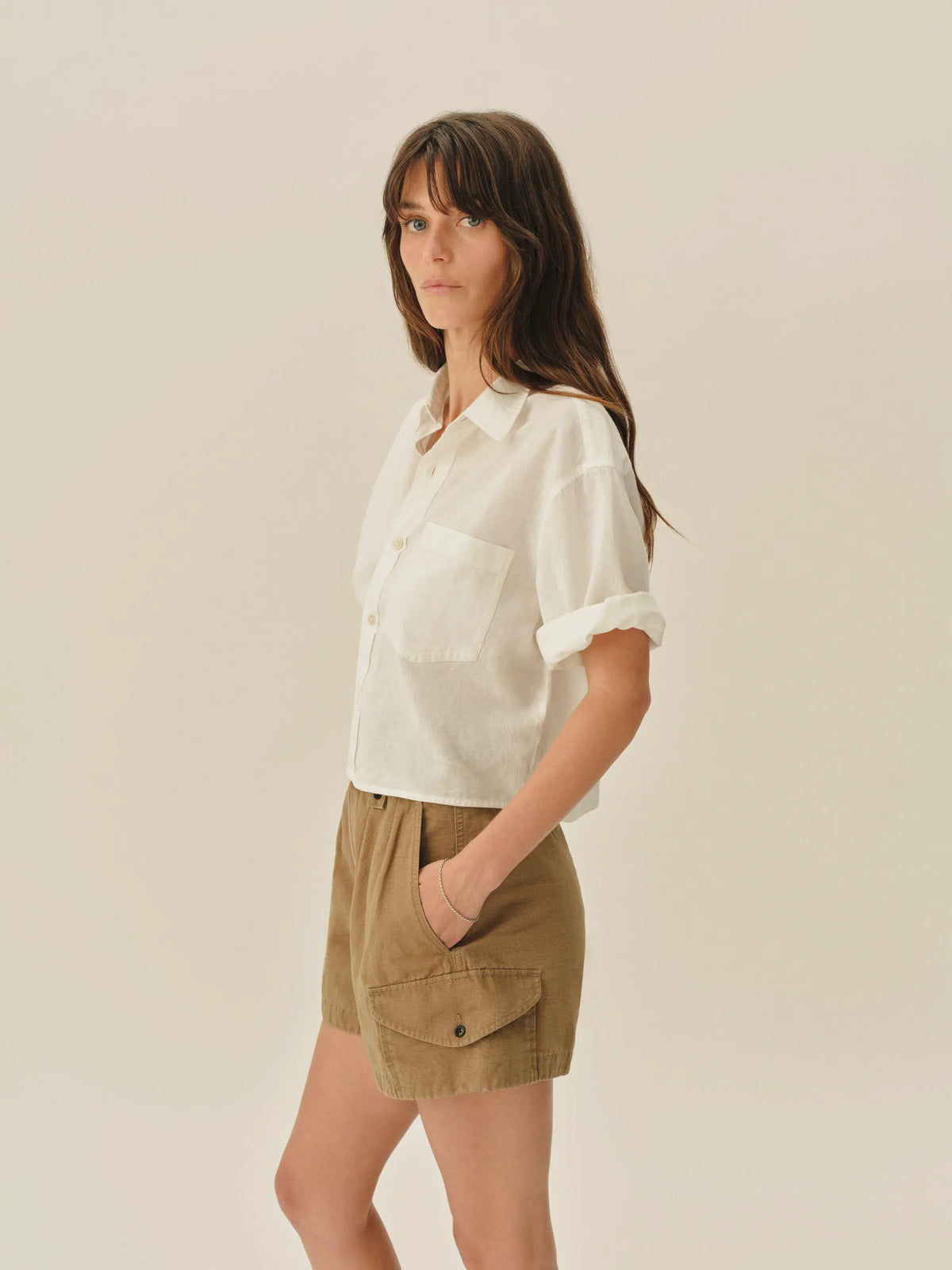 Natural Mainstay Cotton Linen Cut-Off Short Sleeve Button Down