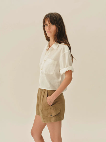 Natural Mainstay Cotton Linen Cut-Off Short Sleeve Button Down