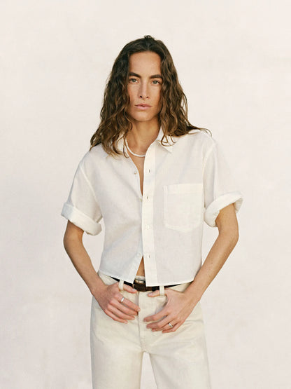 Natural Mainstay Cotton Linen Cut-Off Short Sleeve Button Down