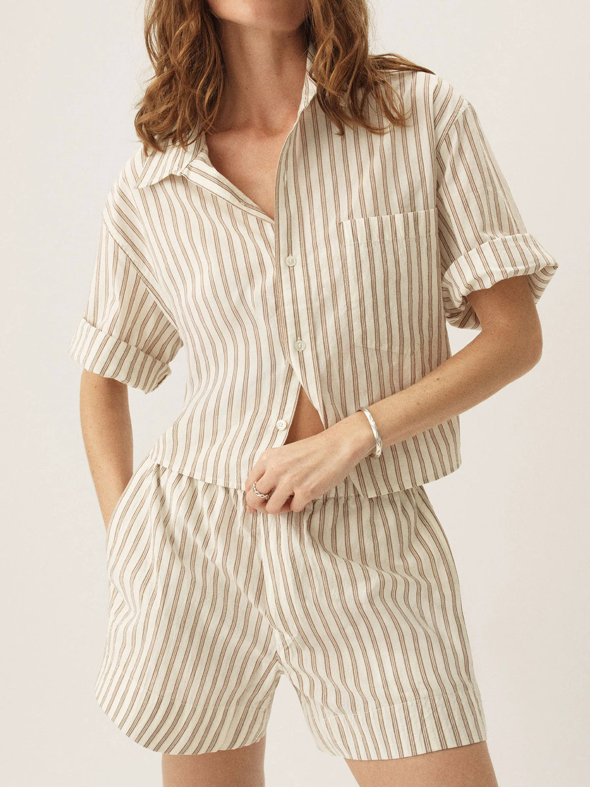 Natural / Brown Reef Stripe Mainstay Cotton Cut-Off Short Sleeve Button Down