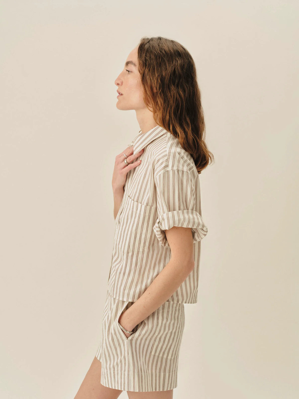 Natural / Brown Reef Stripe Mainstay Cotton Cut-Off Short Sleeve Button Down