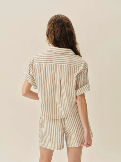 Natural / Brown Reef Stripe Mainstay Cotton Cut-Off Short Sleeve Button Down