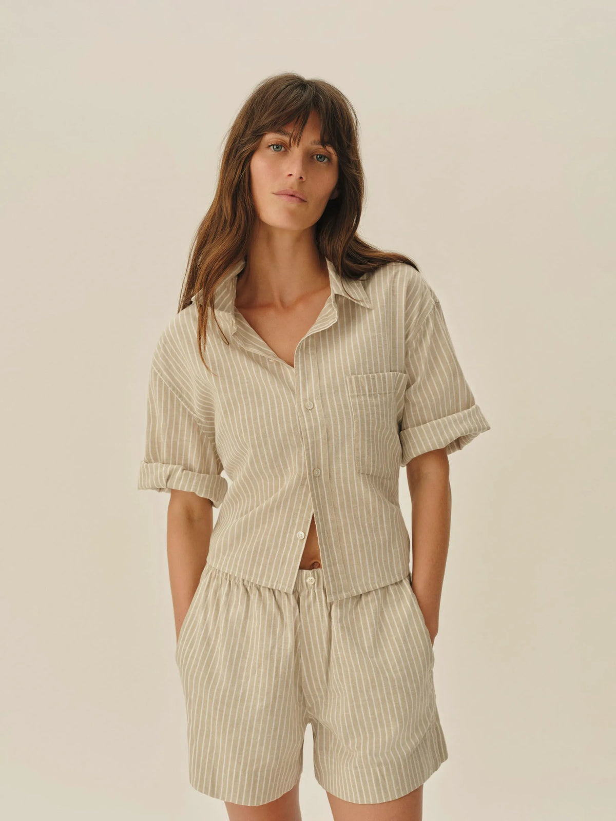 Natural/Khaki Summer Stripe Mainstay Cotton Linen Cut-Off Short Sleeve Button Down