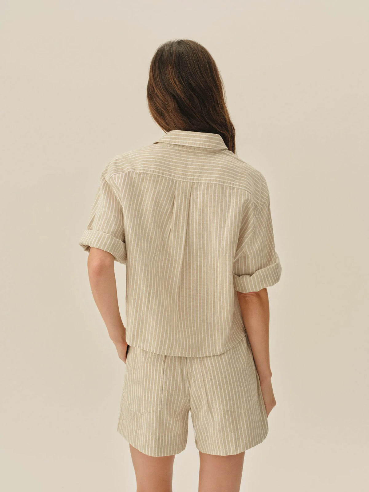 Natural/Khaki Summer Stripe Mainstay Cotton Linen Cut-Off Short Sleeve Button Down