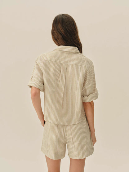 Natural/Khaki Summer Stripe Mainstay Cotton Linen Cut-Off Short Sleeve Button Down
