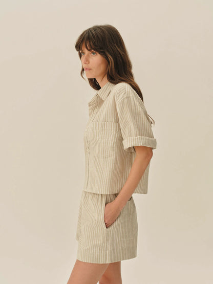 Natural/Khaki Summer Stripe Mainstay Cotton Linen Cut-Off Short Sleeve Button Down