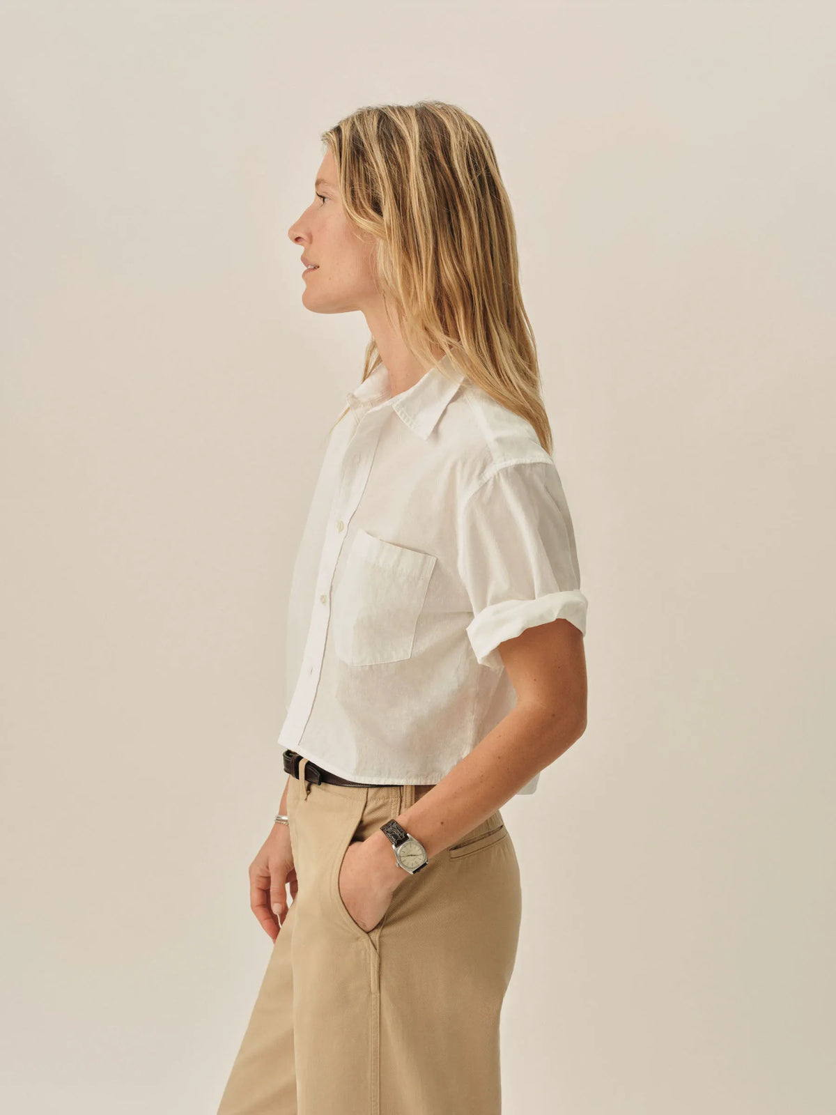 White Mainstay Cotton Cut-Off Short Sleeve Button Down