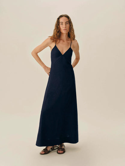 Dark Navy Sea Breeze Linen Slip Dress