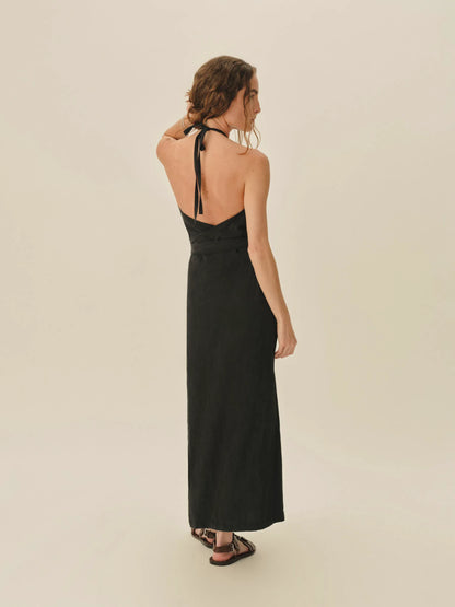 Black Sunset Silk Linen Wrap Dress