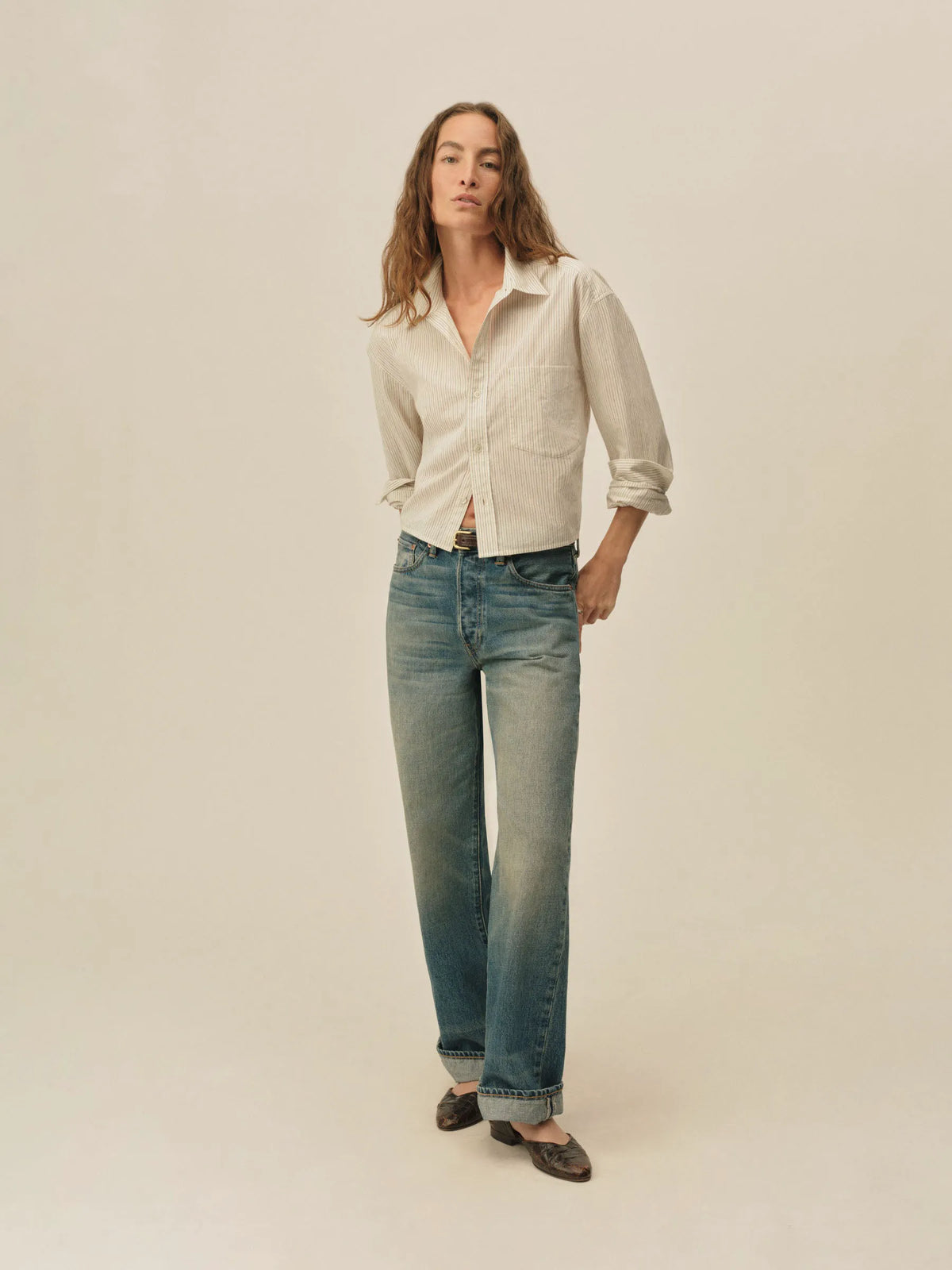 Riverbank Stripe Mainstay Cotton Cut-Off Long Sleeve Button Down