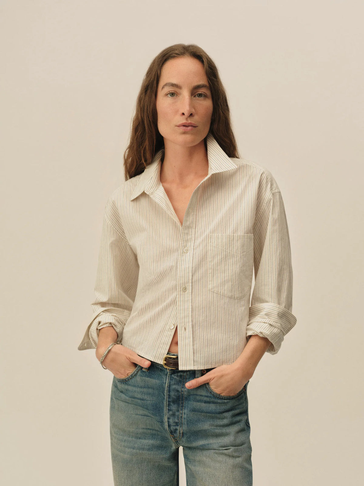 Riverbank Stripe Mainstay Cotton Cut-Off Long Sleeve Button Down