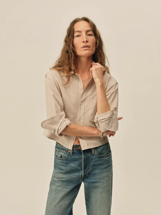 Cocoa Brown Typewriter Stripe Mainstay Cotton Cut-Off Long Sleeve Button Down