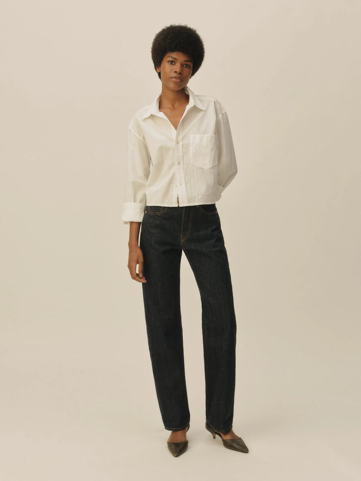 White Mainstay Cotton Cut-Off Long Sleeve Button Down