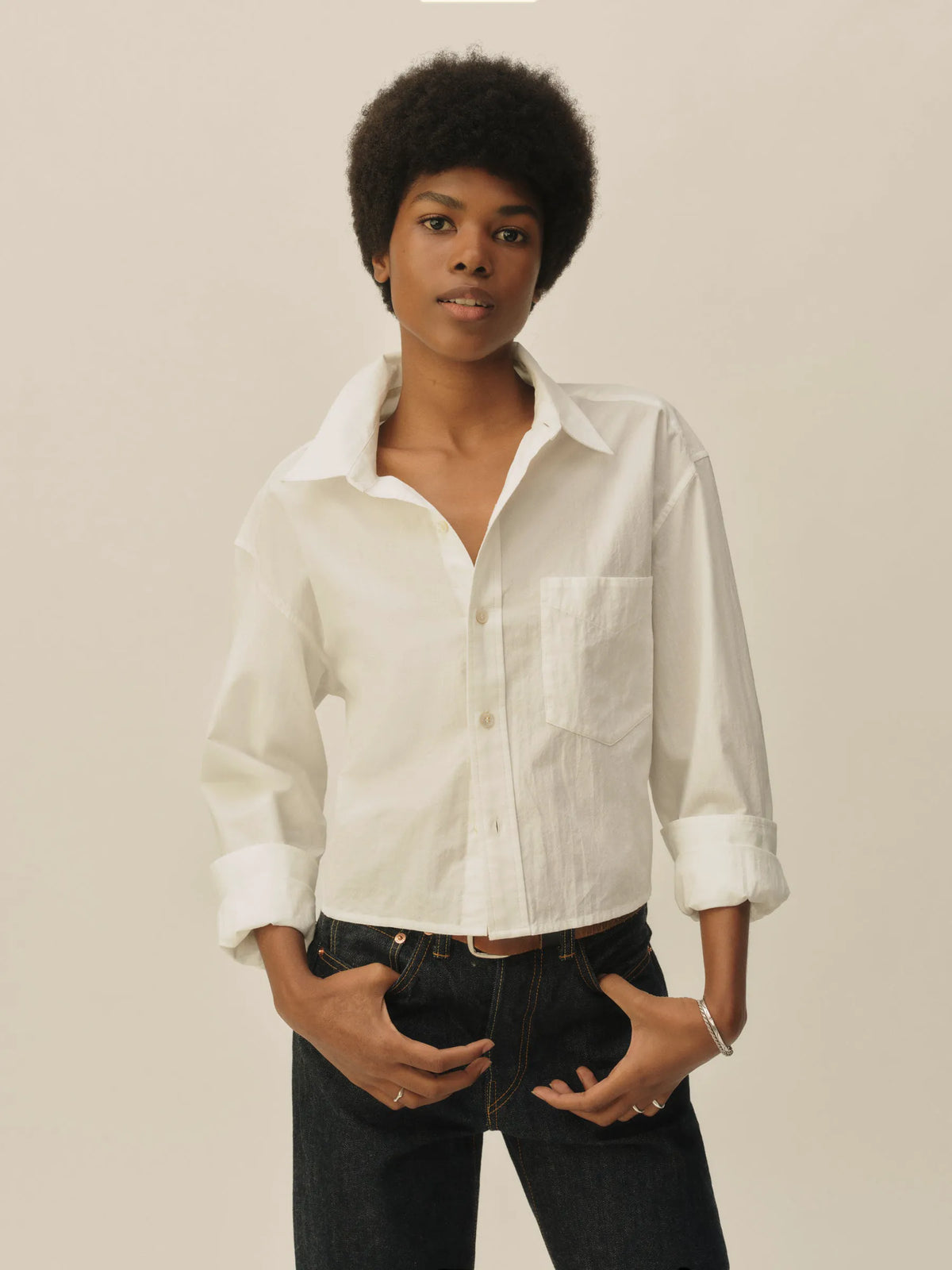 White Mainstay Cotton Cut-Off Long Sleeve Button Down