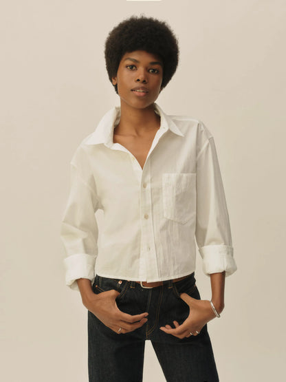 White Mainstay Cotton Cut-Off Long Sleeve Button Down
