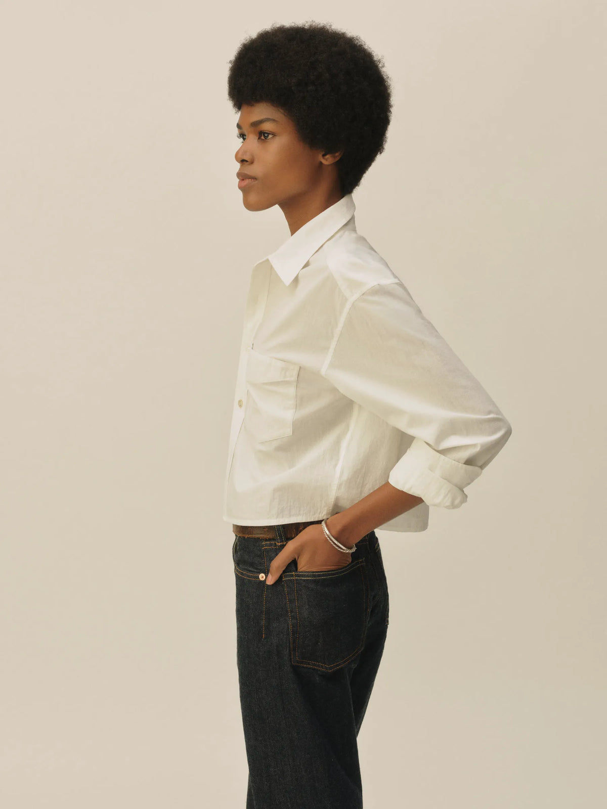 White Mainstay Cotton Cut-Off Long Sleeve Button Down