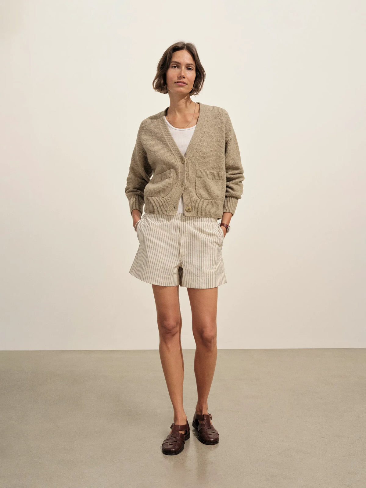 Washed Khaki Soft Spun Cotton Boxy Cardigan